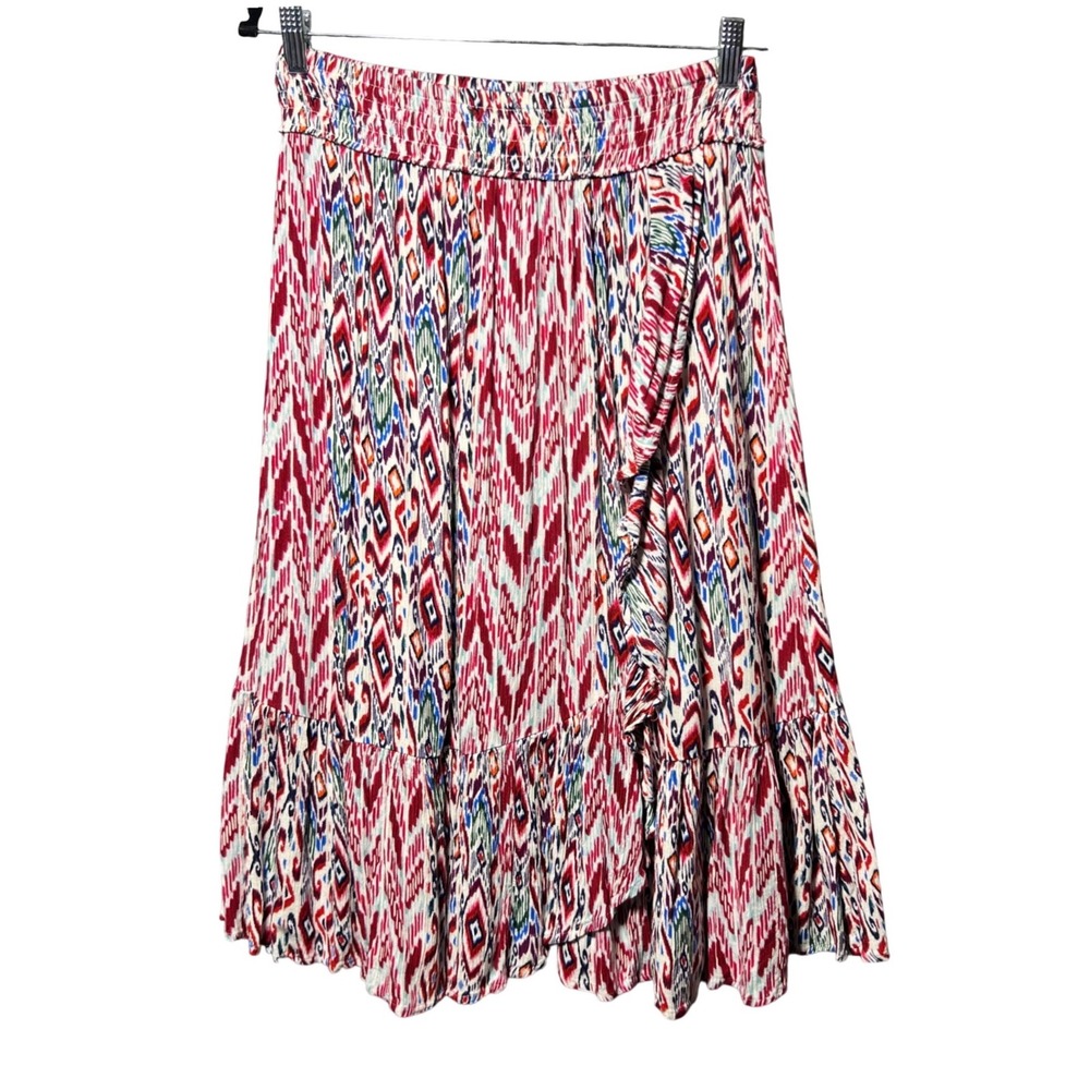 Westport Boho Ikat Print Tiered Ruffle Skirt Rayon Pull On Midi Womens M‎